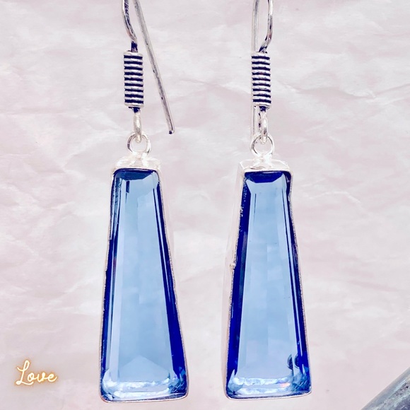 Baguette Cut Swiss Blue Topaz Handmade Earrings - Picture 4 of 4